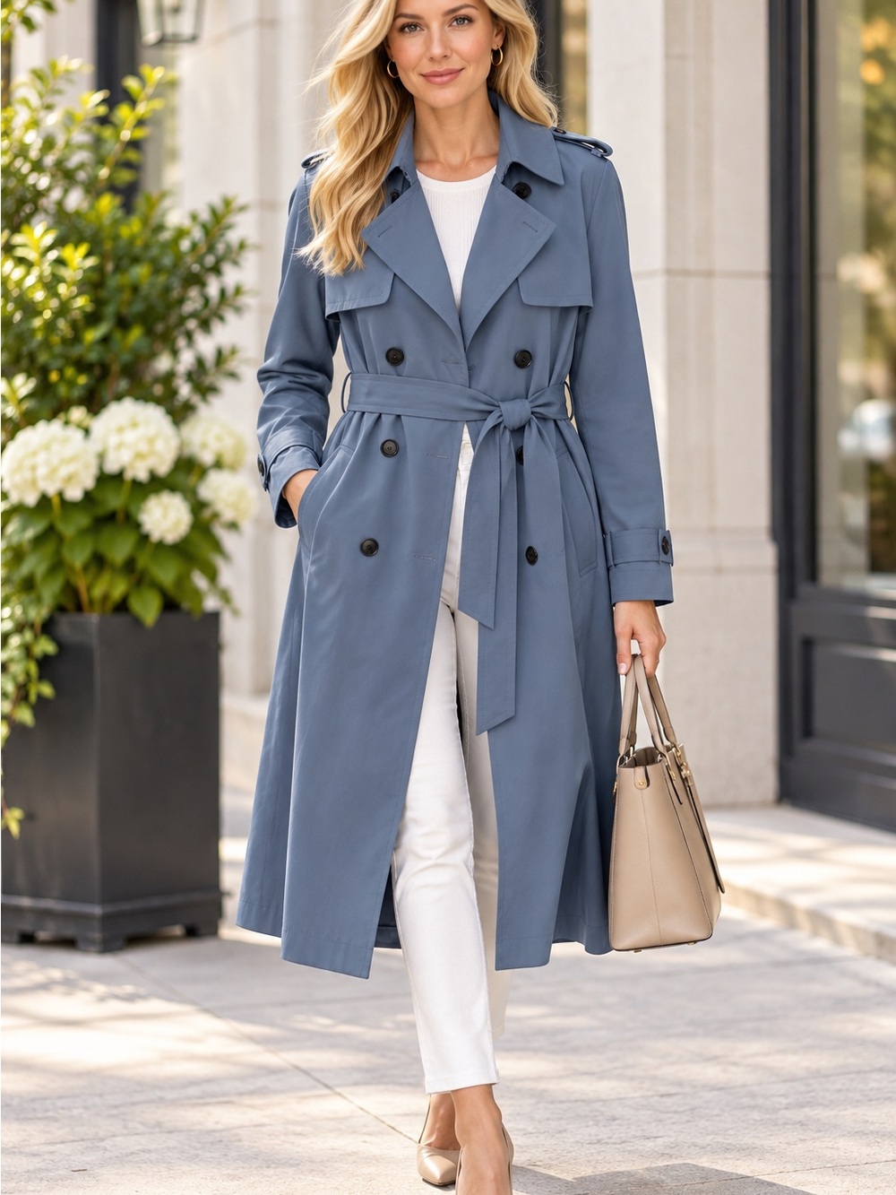 Banana Republic Trench Coat Womens S Blue Belted Double Breasted Long Jacket